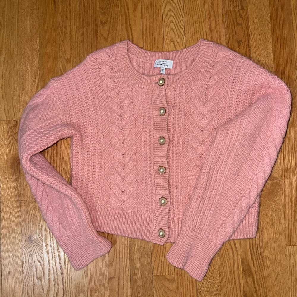 & Other Stories Pink Cable Knit Cardigan with Pearl Buttons
